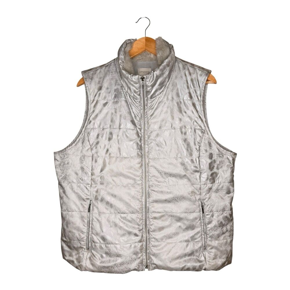 Chico’s Puffer Vest Size XL Metallic Silver Zip Jeweled Animal Print Faux-Fur